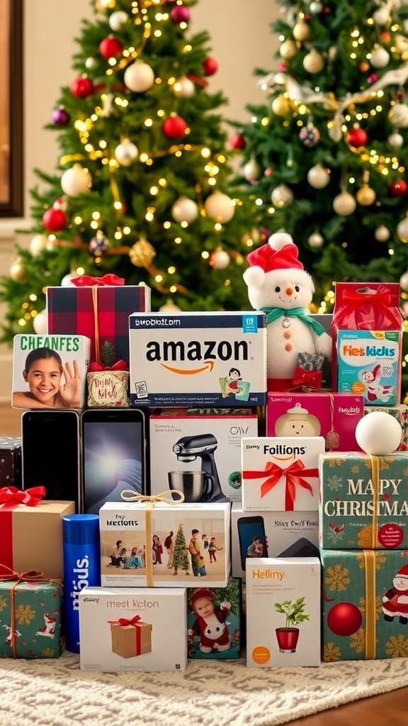 A collection of Christmas gifts from Amazon, including gadgets and toys, arranged with holiday decorations.